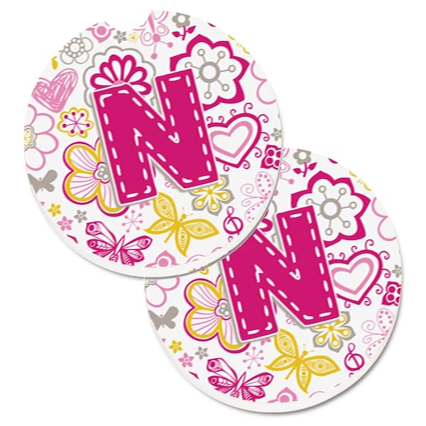 Carolines Treasures Letter N Flowers and Butterflies Pink Set of 2 Cup Holder Car Coaster CJ2005-NCARC - main